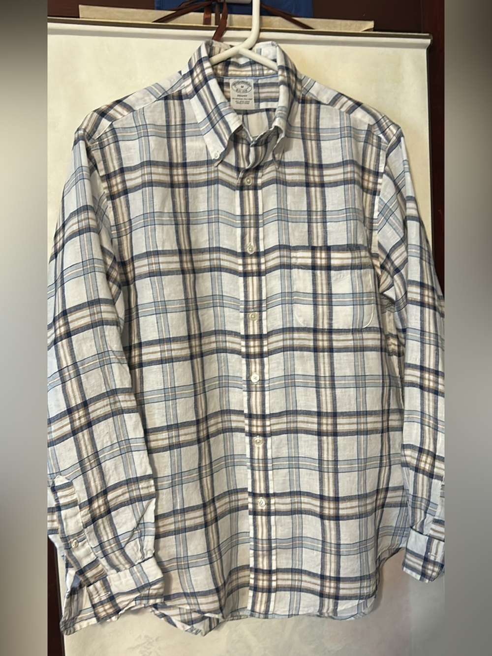 Brooks Brothers Blue & Tan Plaid 100% Linen Shirt, man’s Medium